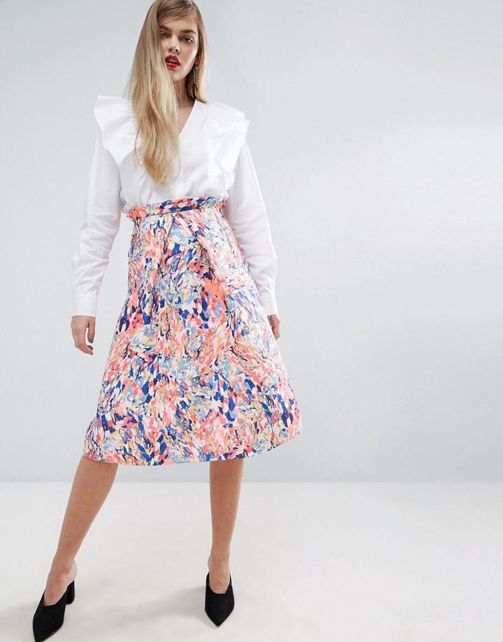 Asos Printed Skirt With Paperbag Waist In Texture - Multi