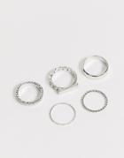 Asos Design Pack Of 5 Rings In Chain And Bar Design In Silver Tone - Silver