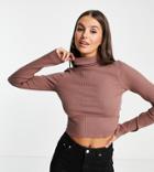 Asos Design Tall Roll Neck Crop Top In Rib In Brown