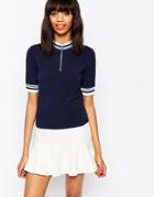 Monki High Neck Zip Front Contrast Tee - Navy