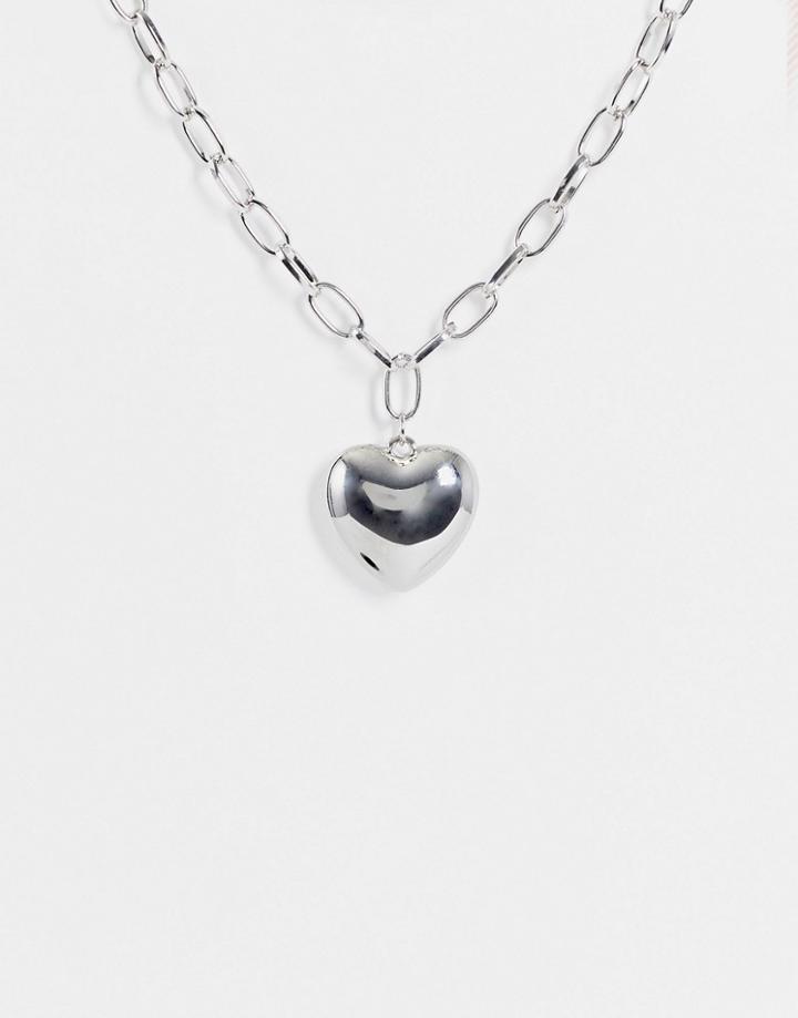 Asos Design Necklace With Puffed Heart Pendant In Silver Tone