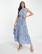 Qed London High Neck Tiered Midi Dress In Blue Paisley