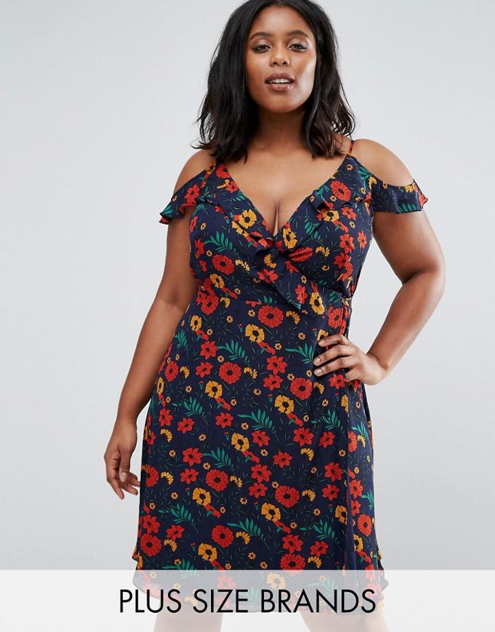 Koko Plus Wrap Dress With Ruffle Detail In Floral Print - Navy