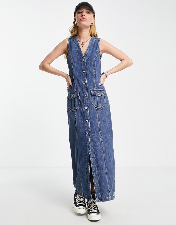 Topshop 90s Midi Button Down Dress In Mid Blue