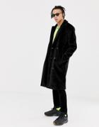 Asos Design Longline Overcoat In Faux Fur - Black