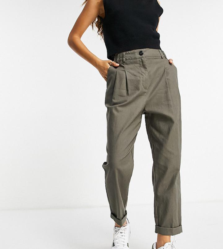 Asos Design Petite High Waist Slim Peg Pants In Khaki Linen-green