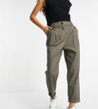 Asos Design Petite High Waist Slim Peg Pants In Khaki Linen-green