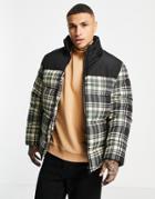Asos Design Puffer Jacket In Check With Contrast Panel-black