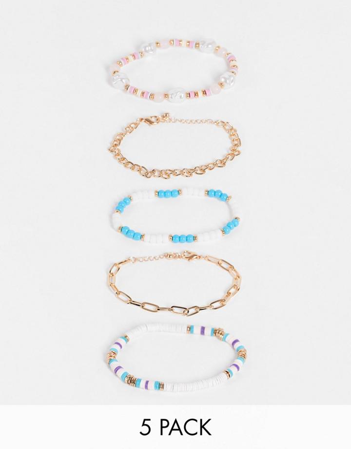 Asos Design Pack Of 5 Bracelets In Mixed Pastel Bead And Chain Design-multi