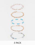 Asos Design Pack Of 5 Bracelets In Mixed Pastel Bead And Chain Design-multi