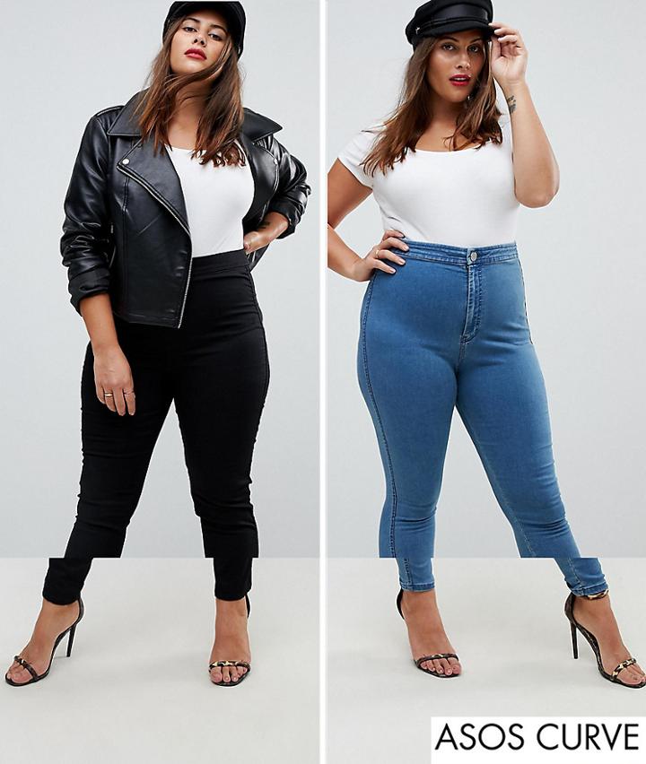 Asos Curve Rivington 2 Pack Denim Jeggings In Black And Mid Wash Blue - Multi
