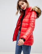 Gianni Feraud Quilted Jacket With Faux Fur Hood - Red