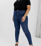 Asos Design Curve Ridley High Waist Skinny Jeans In Dark Wash Blue With Ripped Knee Detail - Blue