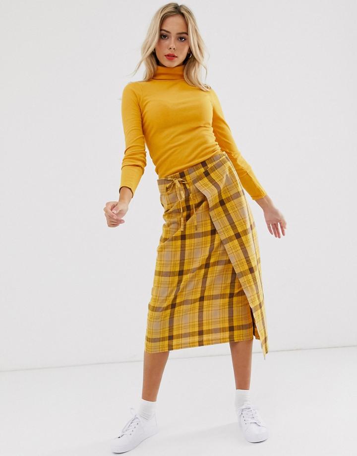 Daisy Street Midi Wrap Skirt In Check-yellow