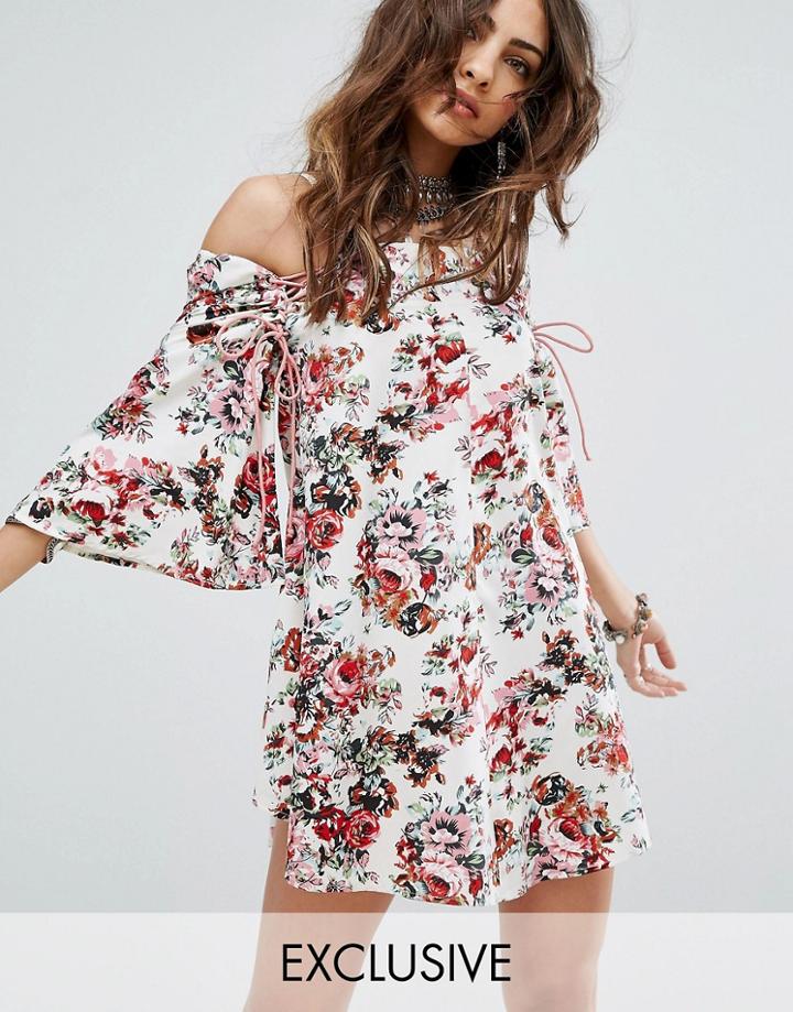 Sacred Hawk Festival Floral Tea Dress With Lattice Tassel Ties And Strap Detail - White