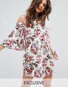 Sacred Hawk Festival Floral Tea Dress With Lattice Tassel Ties And Strap Detail - White