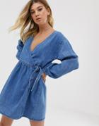 Asos Design Denim Wrap Smock Mini Dress In Blue - Blue