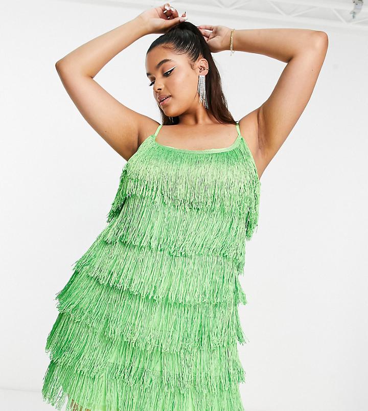 River Island Plus Fringe Mini Dress In Green