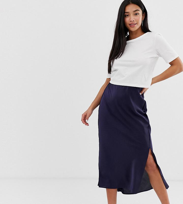 Asos Design Petite Bias Cut Satin Midi Skirt With Splits - Navy