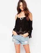 Vintage Havana Lace Hem Cold Shoulder Top - Black