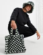 Asos Design Matching Faux Fur Tote Bag With Checkerboard Design In Black And Green