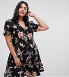 New Look Curve Button Through Floral Tea Dress - Black