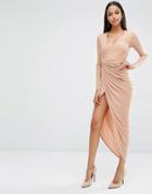 Club L Plunge Neck Maxi Dress With Wrap Skirt - Macaroon Caramel