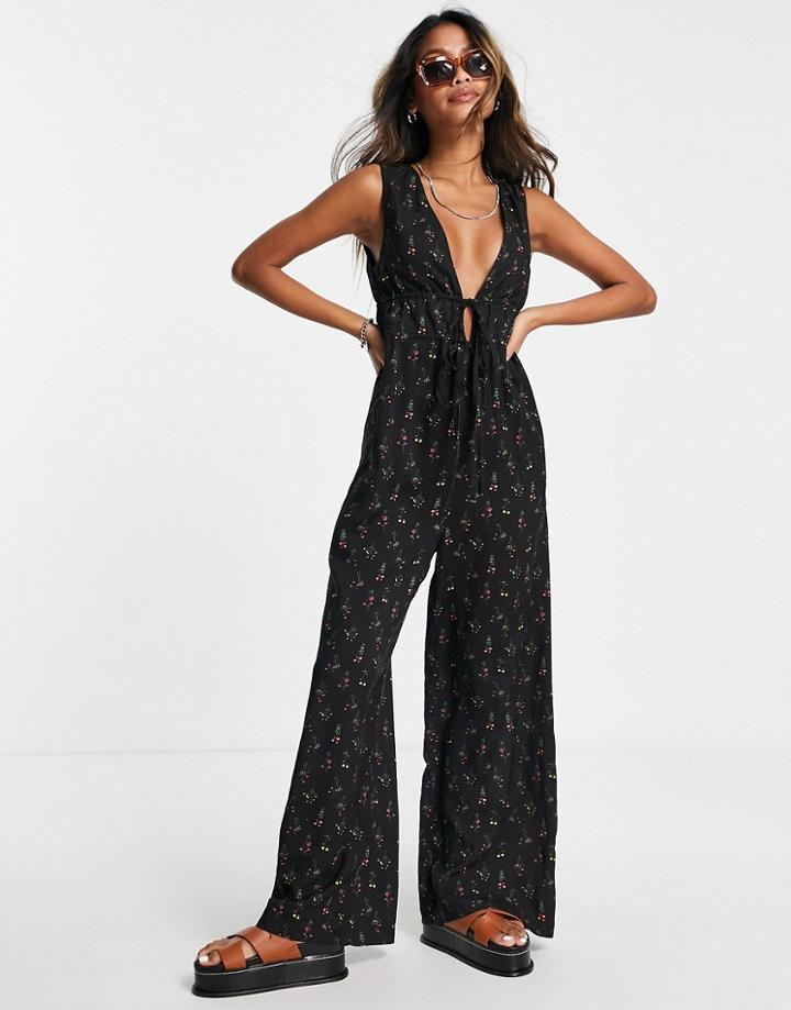 Topshop Ditsy Pinny Jumpsuit In Black