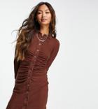 Stradivarius Ruched Detail Polo Dress In Chocolate Brown