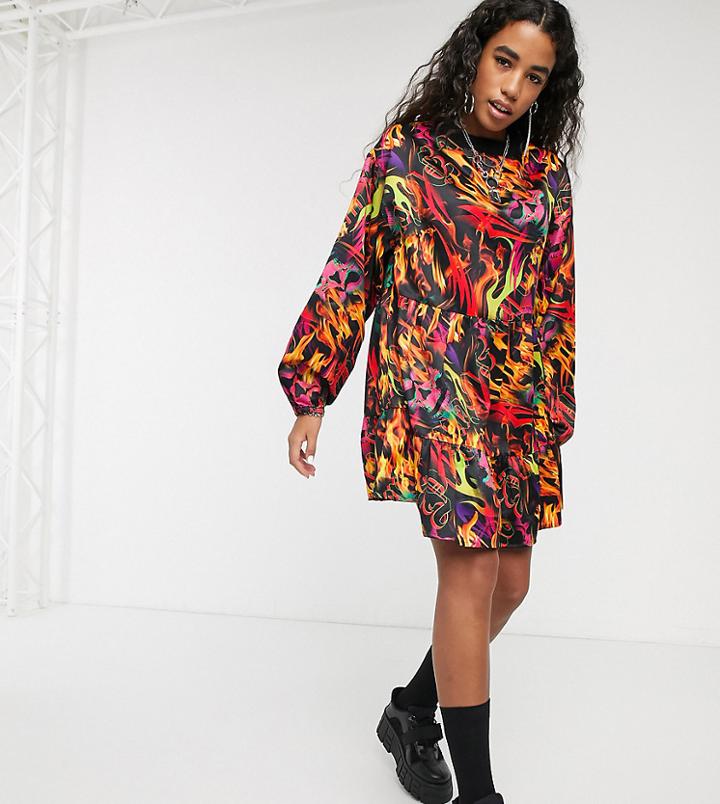 Collusion Long Sleeve Smock Mini Dress In Flame Print-multi