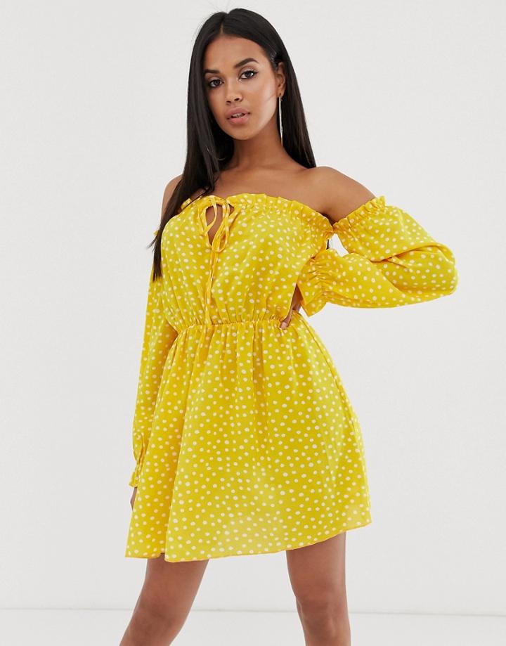 Koco & K Bardot Gathered Off Shoulder Mini Dress In Yellow Spot - Orange