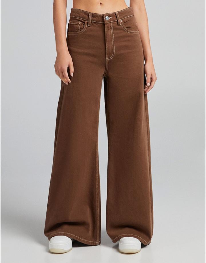 Bershka Wide Leg Pant With Contrast Seam In Chocolate-brown