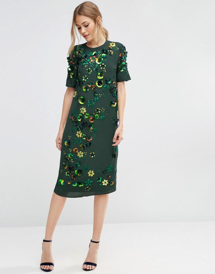 Asos Emerald Embellished Shift Midi Dress - Green