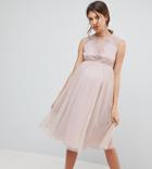 Asos Maternity Lace Tulle Cap Sleeve Midi Dress-pink