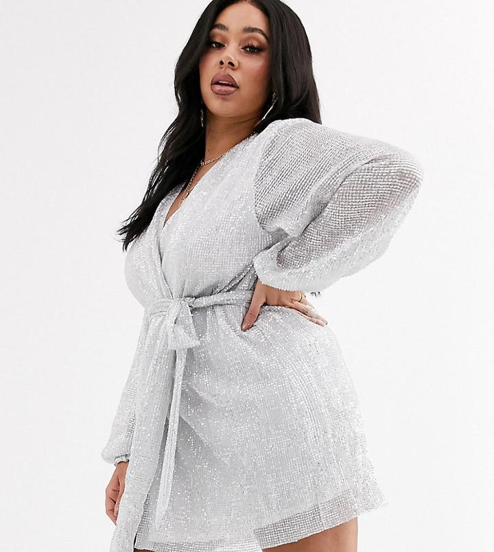 Club L London Plus Plunge Front Sequin Mini Skater Dress In Silver