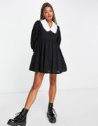 Daisy Street Long Sleeve Mini Smock Dress With Contrast Collar-black