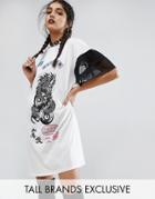 Jaded London Tall Oversized Rock T-shirt Dress With Mesh Frilly Sleeve - Cream
