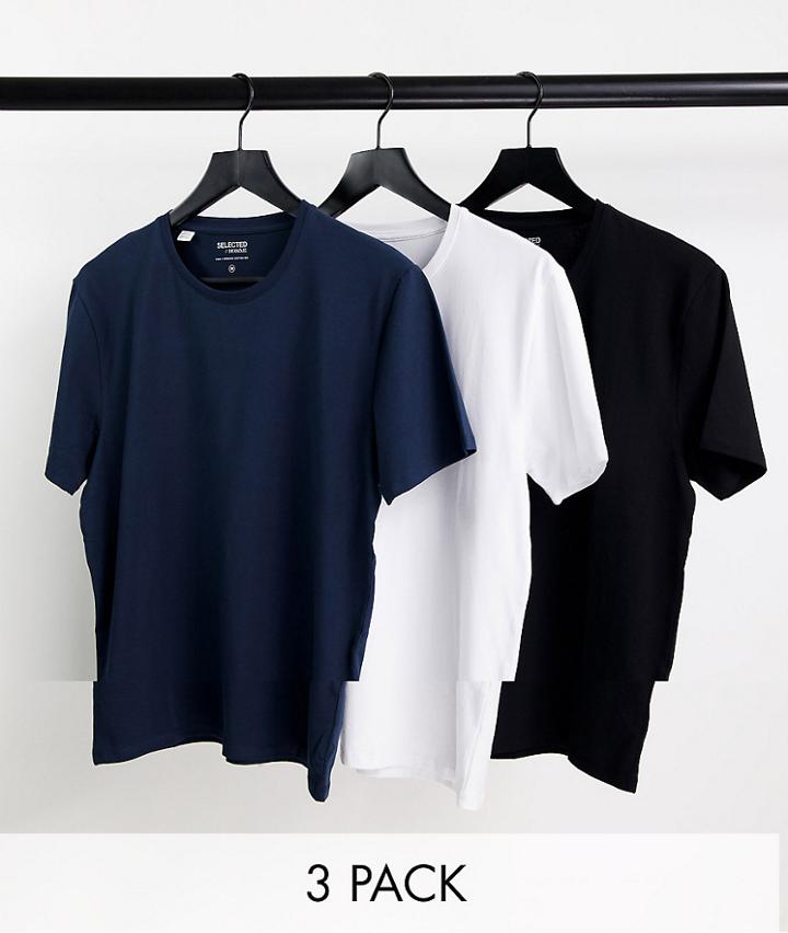 Selected Homme Cotton Blend 3 Pack T-shirts In Black, White And Navy - Multi
