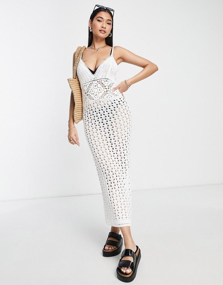 Asos Design Crochet Midi Beach Dress In Cream-white