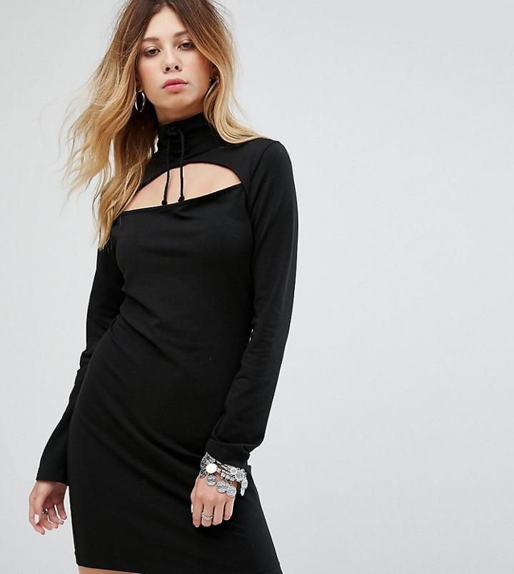Sacred Hawk Bodycon Mini Dress With Cut Out & High Neck - Black
