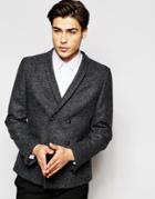 Hart Hollywood By Nick Hart 100% Wool Double Breasted Herringbone Blazer In Slim Fit - Charcoal