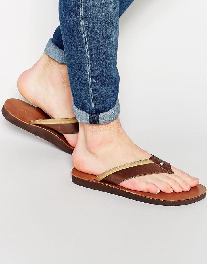Tommy Hilfiger Leather Flip Flops - Brown