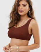 Asos Design Fuller Bust Mix And Match Crinkle Crop Bikini Top In Shiny Brown Dd-f