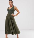 Asos Design Petite Lace Top Midi Dress With Pleated Skirt-green