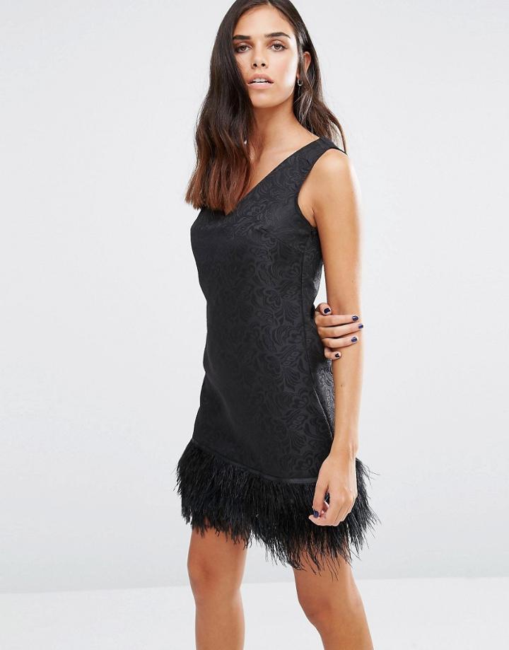 Love & Other Things V Front Dress With Faux Feather Hem - Black