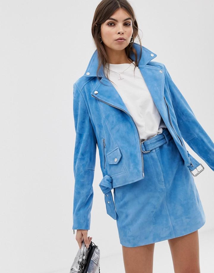 Lab Leather Biker Jacket In Suede Two-piece - Blue