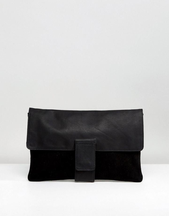 Asos Leather And Suede Tab Front Clutch Bag - Black