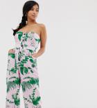 Asos Design Petite Bandeau Button Front Jumpsuit With Pockets In Tropical Print - Multi