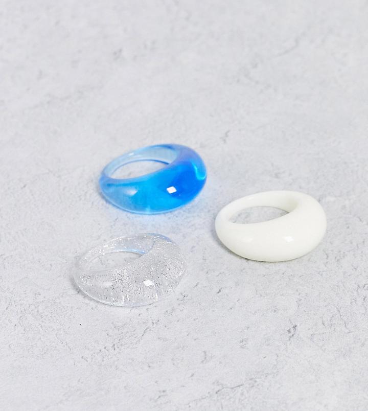Asos Design Curve Pack Of 3 Domed Rings In Blue Cream And Glitter-multi