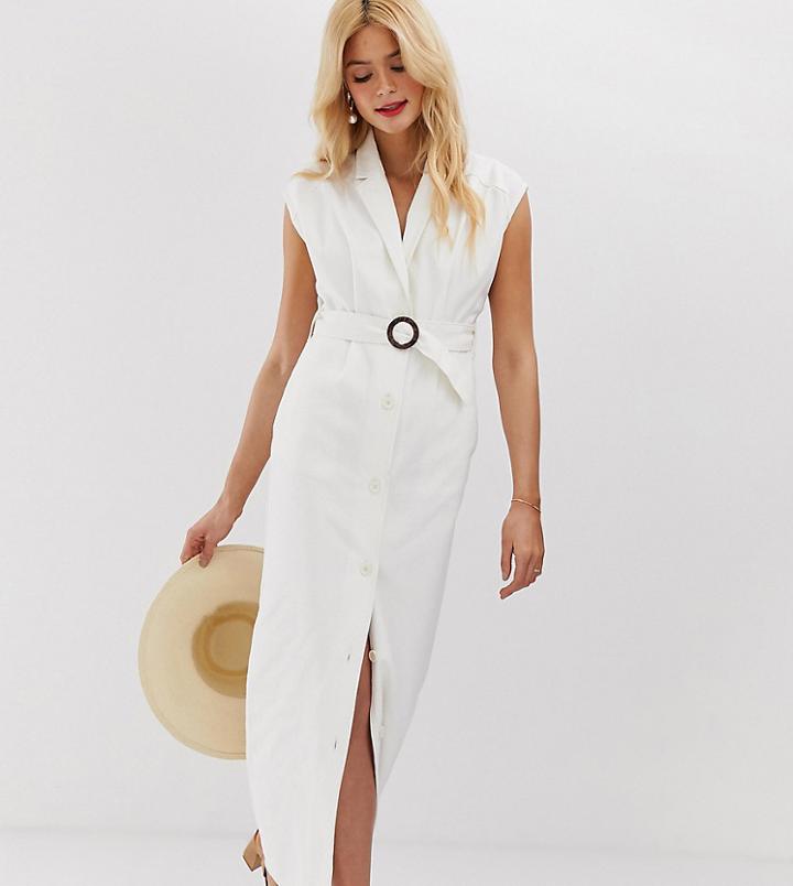 Asos Design Tall Denim Maxi Shirt Dress With Belt And Open Back Detail-white